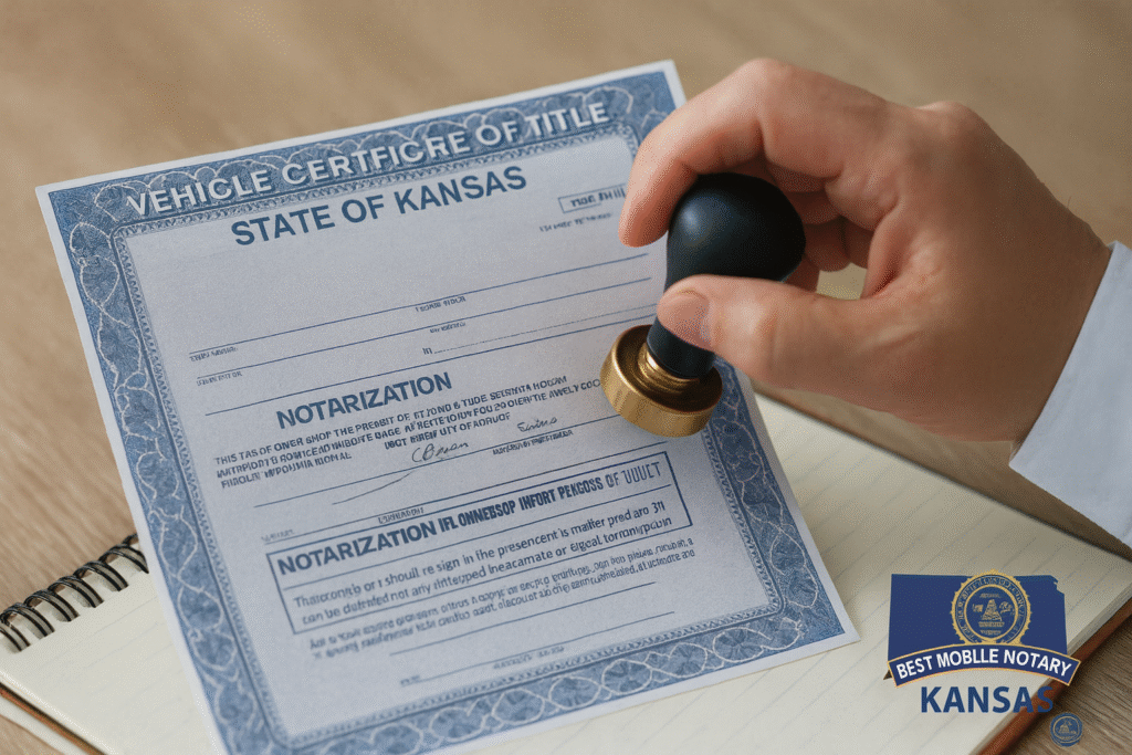 Kansas car title being notarized by a mobile notary in Kansas City KS