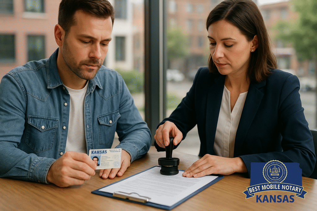 Mobile notary verifying ID and applying seal in Kansas City Kansas